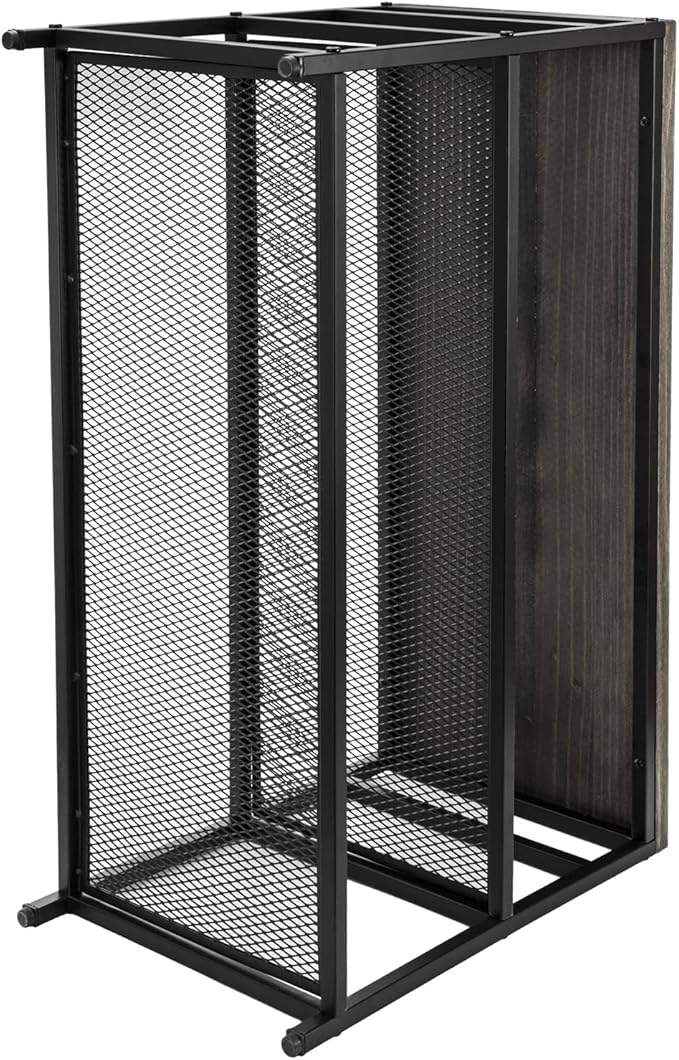 MyGift 28 Inch Black Metal Shoe Stand with 2 Mesh Shelves Rack and Vintage Gray Solid Wood Top Storage Shelf, 3-Tier Rustic Industrial Entryway Organizer Bench Includes 4 Hanger Hooks