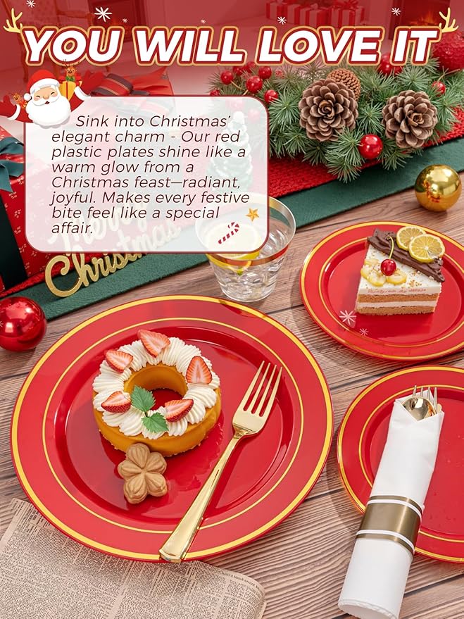 350Pieces Red Plastic Plates with Gold Rim Include 50Dinner Plate 10”, 50Dessert Plate 7”, 50 gold Cups 9 OZ, 50 Pre Rolled Napkins for Christmas Party