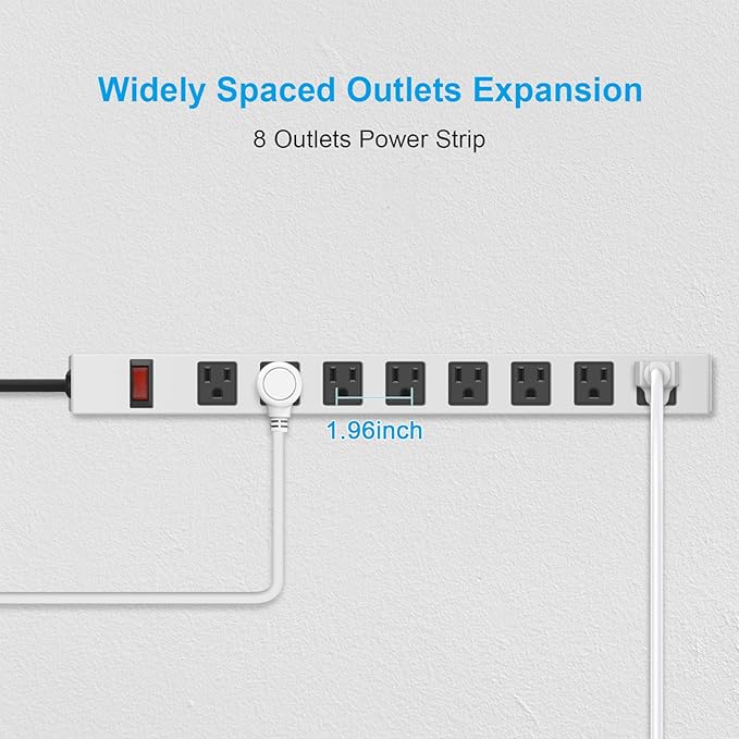 JUNNUJ Metal 8 Outlet Power Strip, Mountable Heavy Duty Power Strip, 1200J Surge Protector Wall Mount Screws Outlet with Switch, Gaming Desk Strips Wide Spaced 15A 125V 1875W, 10 FT 14AWG Power Cord