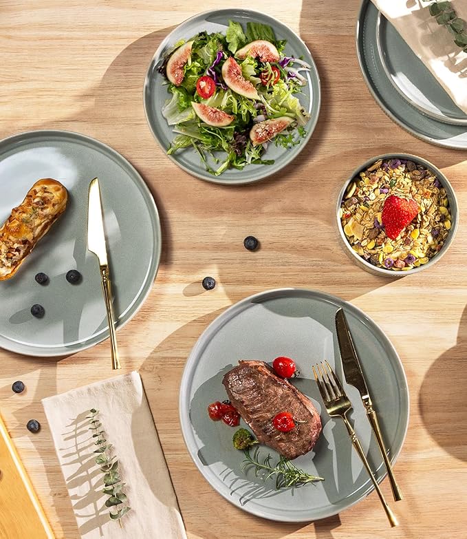 TheTerra Ceramic Dinnerware Sets with Pasta Bowls for 4, 16 Pieces Porcelain Lightweight Plates and Bowls Sets, Scratch Resistant Dish Set, Oven & Microwave & Dishwasher Safe, Desert Sage