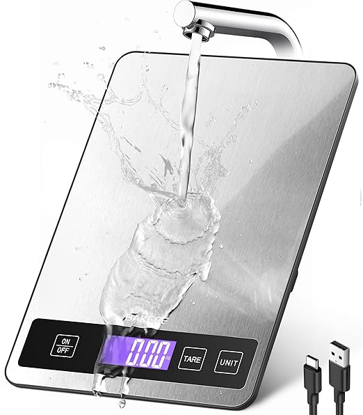 Food Scale - 15kg/33lb Rechargeable Digital Kitchen Scale with Full-View LCD Display, Grams and Ounces, Type-C or Batteries (Not Inc.), Easy Clean Stainless Steel, for Baking, Cooking, Grey