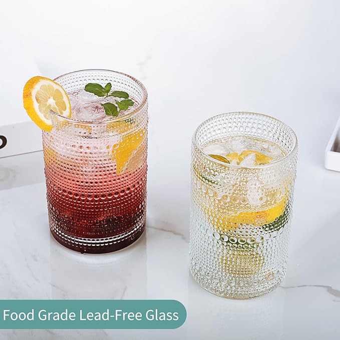 Hobnail Drinking Glasses Set,16 Oz Vintage Embossed Glass Tumbler for Cocktail, Beer, Juice, Water, Whiskey and Kitchen Glassware, 6 Pack