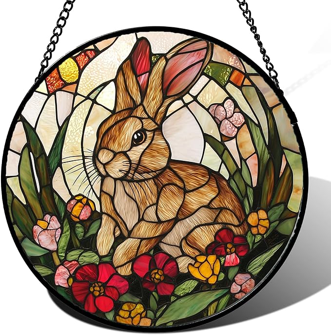Stained Glass Window Hanging, Cute Bunny Flowers Sun Catcher for Window Door Home Decor, Rabbit Suncatcher Christmas Mother's Day Birthday Gifts for Women Men Mom and Nana 11.8 in