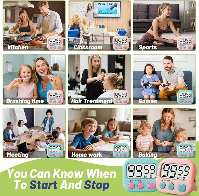 2 Pcs Digital Timer for Kids, Magnetic Countdown Kitchen Timer, Upgrade Loud Alarm Timers for Cooking, Kitchen, Exercise, Work, Study, Classroom, Outdoor Activities, Battery not Including