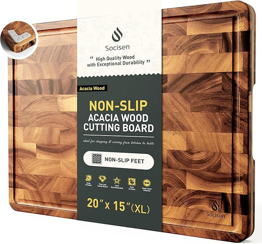 Extra Large End Grain Cutting Board for Kitchen with Non-slip Feet, Acacia Wood Heavy Duty Checkered Cutting Board Handcrafted Luxury Chopping Board for Cheese and Vegetables Housewarming Gift