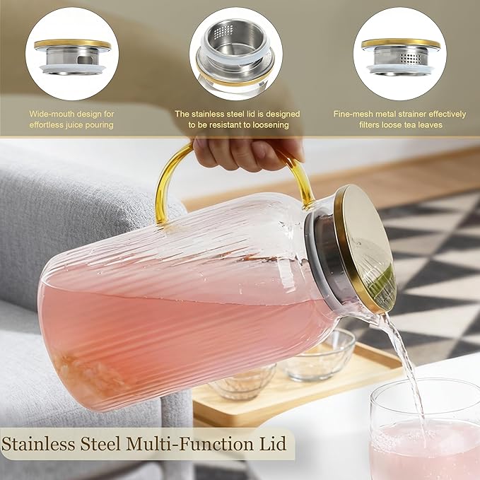2 PACK Glass Pitcher with Lid, 68oz/2Liter Borosilicate Glass Water Pitcher, Heat Resistant Vertical Striped Water Carafe for Iced Tea, Fruit Tea, and Hot Beverages, Dishwasher Safe, Christmas Gifts