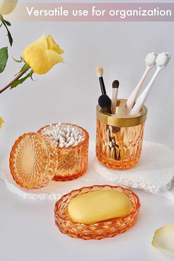 Orange Bathroom Accessories Set, 5Pcs Clear Glass Bathroom Set Accessories, Lotion Soap Dispenser, Soap Dish, Tumbler, Toothbrush Holder Set, Qtips Holder for Crystal Vintage Bathroom Decor,