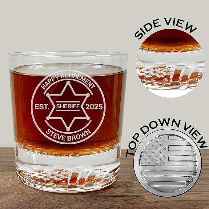Personalized Whiskey Glass with Sheriff Badge for Law Enforcement, Custom Name and Number, 12oz Engraved American Flag Glassware, Custom Sheriff Gift For Men Dad Father's Day PD Police Officer