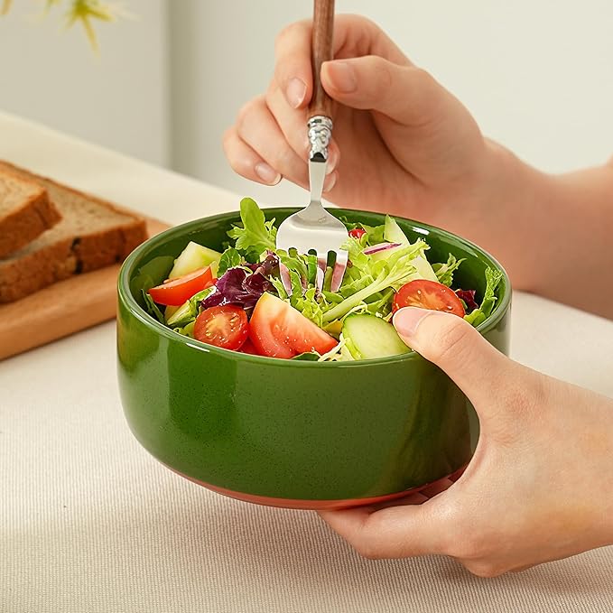 Stoneware Cereal and Soup Bowls Set of 4, 6-Inch Dual Glaze Ceramic Bowls for Breakfast & Oatmeal, Microwave and Dishwasher Safe, Forest Glaze Green