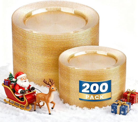 WDF 200PCS Gold Plastic Plates - Gold Glitter Plastic Plates - Heavy Duty Gold Glitter Disposable Plates - Include 100 Dinner Plates 10" and 100 Dessert Plate 7" for Thanksgiving Parties/Wedding