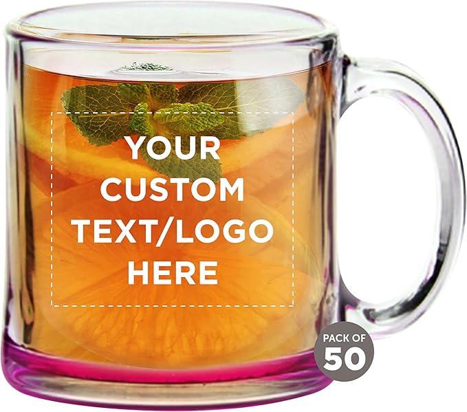 Custom Libbey Clear Glass Coffee Mugs 13 oz. Set of 50, Personalized Bulk Pack - Perfect for Coffee, Tea, Espresso, Hot Cocoa, Other Beverages - Pink Bottom
