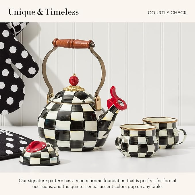 MACKENZIE-CHILDS Enamel Teacup, Unique Coffee and Tea Mug, Enamel Cup for Hot Tea, 10 Ounces, Black-and-White Courtly Check