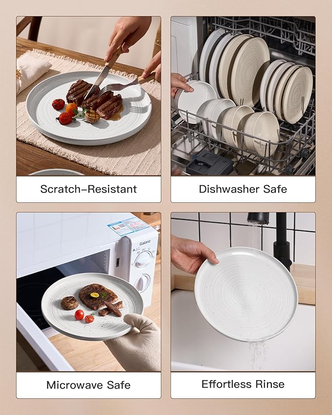 Stoneware Dinnerware Sets, Plate and Bowl Sets for 4, 12 Pieces Spiral Flared Dishware Set with Speckles & Reactive Glaze - Microwave and Dishwasher Safe Tableware, White