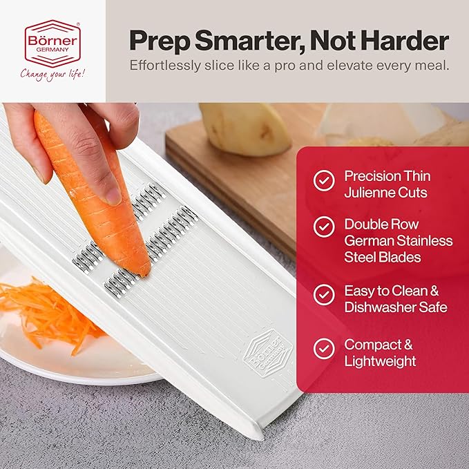 Swissmar Börner PowerLine Thin Julienne Vegetable Slicer – Precision Mandoline Slicer for Potatoes, Zucchini, & Hard Fruits - Perfect for Vegetable Salad – Essential Kitchen Gadgets - White