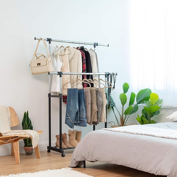 IRIS USA Portable Double-Rod Height Adjustable Clothes Rack with Extendable Bar and Lockable Wheels, Rolling Garment, Double Rod Wardrobe Rack, Easy Assemble, for Clothes, Belts, Shoes, and Bags