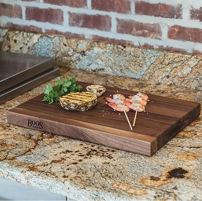 John Boos R-Board Series Rectangular Wooden Walnut Cutting Board 18”x12” – 1.5” Thick, 9-lb Reversible Butcher Block with Edge-Grain & Finger Grips – Made in the USA