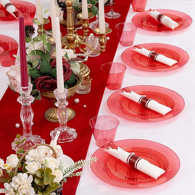DaYammi 210PCS Red Glitter Plastic Dinnerware Set for 30 Guests, Fancy Disposable Plates for Christmas, Include: 30 Dinner Plates, 30 Dessert Plates, 30 Pre Rolled Napkins with Red Silverware, 30 Cups