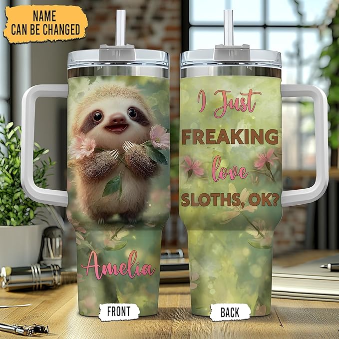 Personalized Sloth 40oz Tumbler with Handle and Straw Gifts for Sloth Lovers, Ideal Animal Lover Gifts For Women Girl, Unique Birthday Christmas Gift, Custom Name Stainless Steel Travel Cup