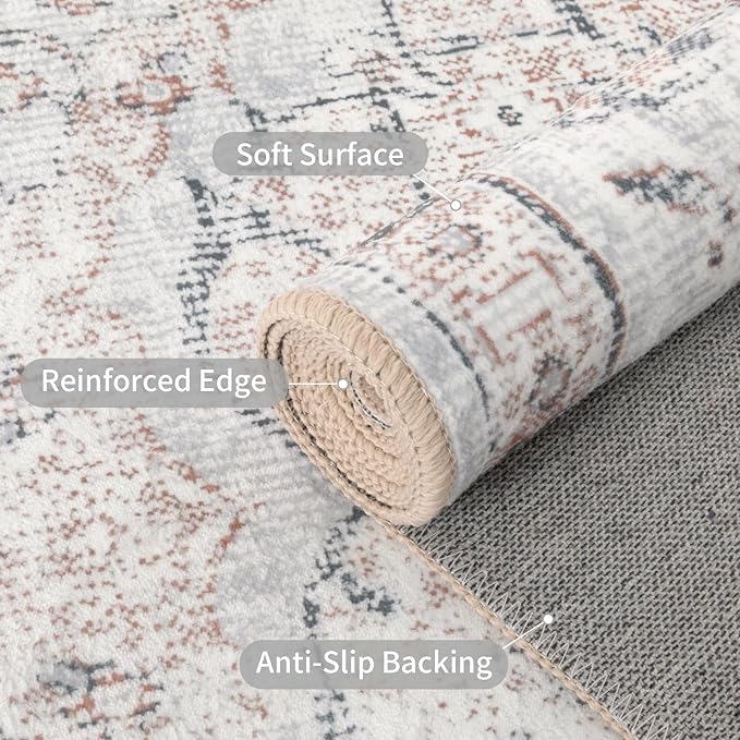 Easy-Going Round Rug 5ft Area Rug Washable Boho Circle Rugs for Living Room Non-Slip Bedroom Rug Low Pile Lightweight Vintage Distressed Throw Rug for Dining Room Kitchen Home Office, Grey Brick