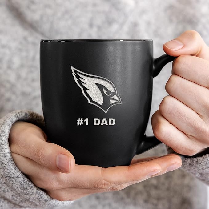 Rico Industries NFL Football #1 Dad 15oz Laser Engraved Matte Black Ceramic Bistro Mug - for Hot or Cold Drinks