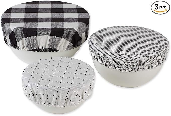 DII Reusable Cloth Bowl Cover Collection Machine Washable, Cotton with Elastic Stretch for Food Storage, 10.25"/8.25"/7.5" Diameter, Farmhouse Plaid, Black, 3 Piece