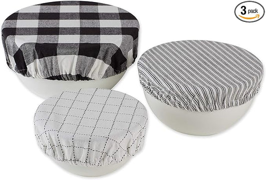 DII Reusable Cloth Bowl Cover Collection Machine Washable, Cotton with Elastic Stretch for Food Storage, 10.25"/8.25"/7.5" Diameter, Farmhouse Plaid, Black, 3 Piece
