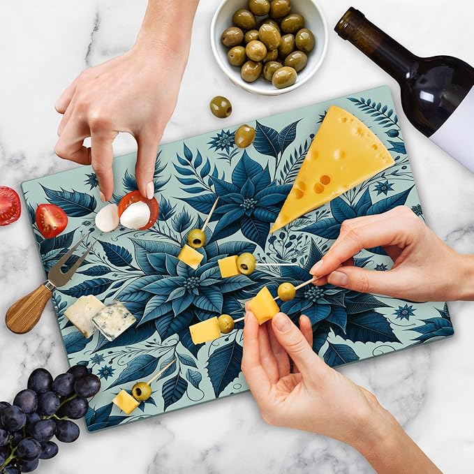 Ambesonne Christmas Cutting Board, Monochromatic Poinsettia Flowers Xmas Theme Illustration Print, Decorative Tempered Glass Cutting and Serving Board, Large Size, Night Blue and Dark Sky Blue