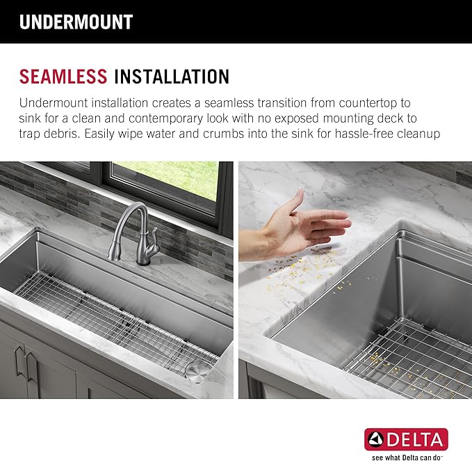 DELTA FAUCET Lorelai 45-inch Workstation Kitchen Sink Undermount 16 Gauge Stainless Steel Single Bowl with 2-Tier WorkFlow Ledge and Chef’s Kit of 11 Accessories, 95BA132-45S-SS