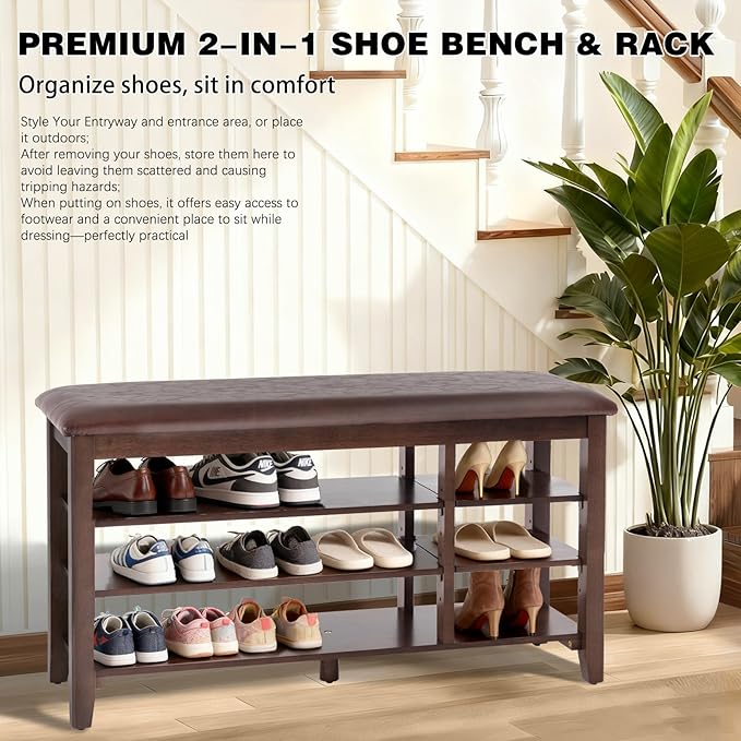 PY HOME & SPORTS Shoe Rack for Entryway 39.4": 3-Tier Shoe Storage Bench, Adjustable/Removable Shelves, Rubberwood Shoe Benches for Hallway, Porch, Bathroom, Brown