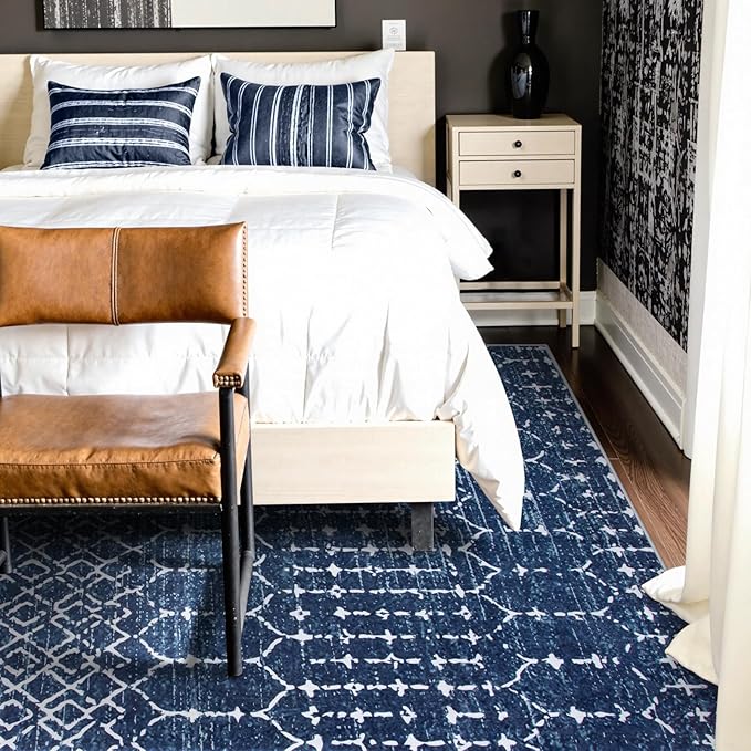 Lahome Moroccan Washable Area Rugs 6x9 - Non-Slip Ultra-Thin Soft Living Room Carpet, Modern Geometric Print Stain Resistant Rug Carpet for Bedroom Dining Room Office, Blue