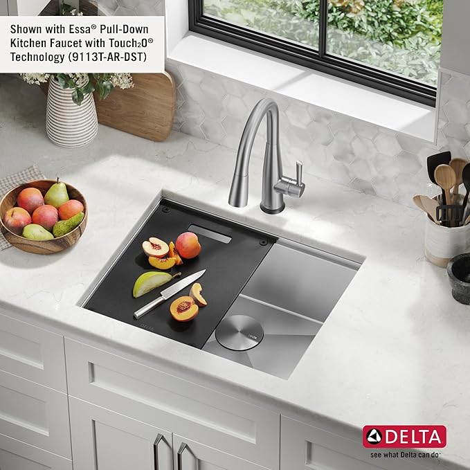 DELTA FAUCET Rivet 23-inch Workstation Kitchen Sink Undermount 16 Gauge Stainless Steel Single Bowl with WorkFlow Ledge and Kit of 5 Accessories, 95B9031-23S-SS