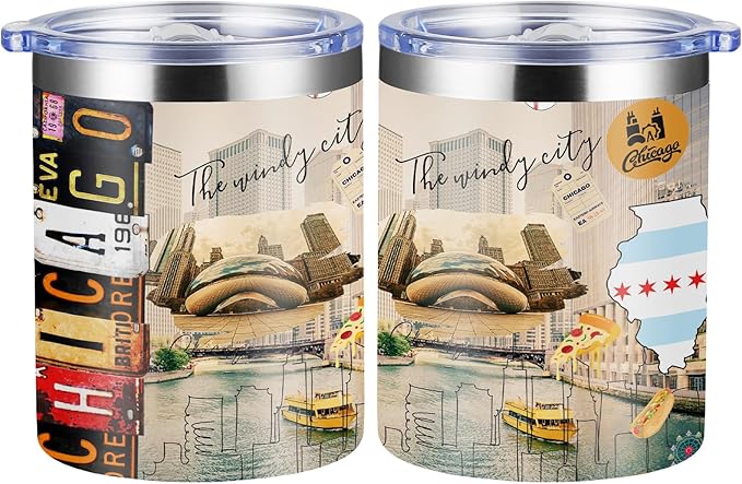 12oz Coffee Mug Chicago City Insulated Coffee Cups, United States Map Travel Mug Landmark, Birthday Gifts Cute Mugs with Lid and Straw Gifts for Mom