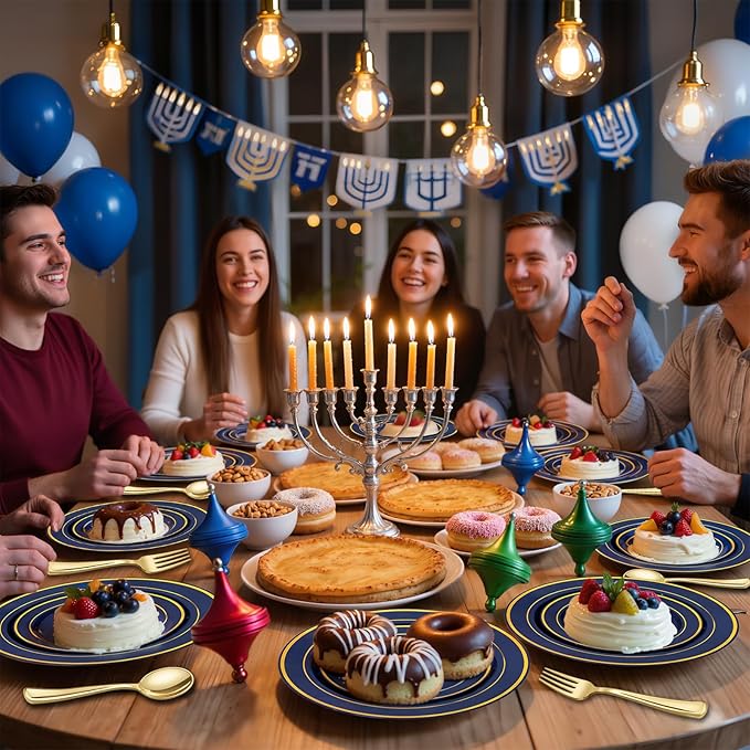 350PCS Navy Blue and Gold Plastic Plates with Rolled Napkins Include Dinner Plate 10’’, Dessert Plate 7’’, gold Cups 9 OZ, Pre Rolled Napkins 25 of each type for Hanukkah Wedding