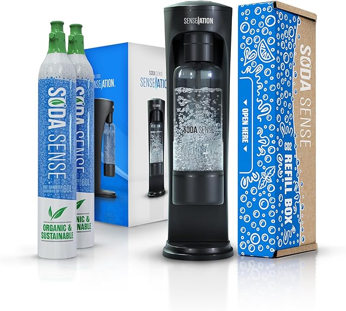 SENSEation Soda Machine Kitchen Gadgets, New Home Essentials - Sparkling Water Maker Set With 2 Threaded CO2 Cartridges & Reusable Carbonation Bottle