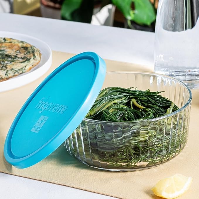 Bormioli Rocco Frigoverre Brilliante 2 Piece Set, Ribbed Round Glass Containers with Covers - Scratch-Resistant Nesting Bowls for Storage/Prep, 13.25oz & 27.75oz - Microwave, Freezer, Dishwasher Safe