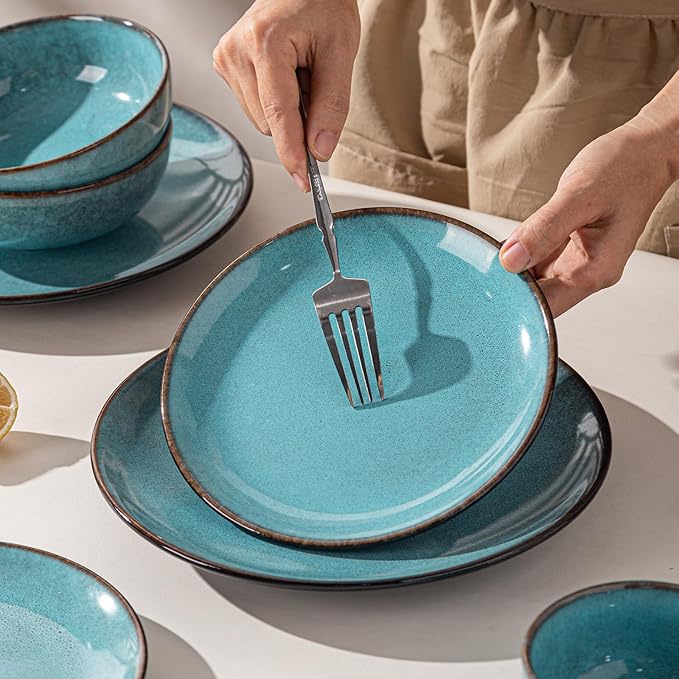 24 Piece Dinnerware Sets for 6， Scratch Resistant,microwave oven and Dishwasher Safe Plates and Bowls Sets Ceramic, Dish Set, Bowl and Plate Set -Kiln turned sea blue