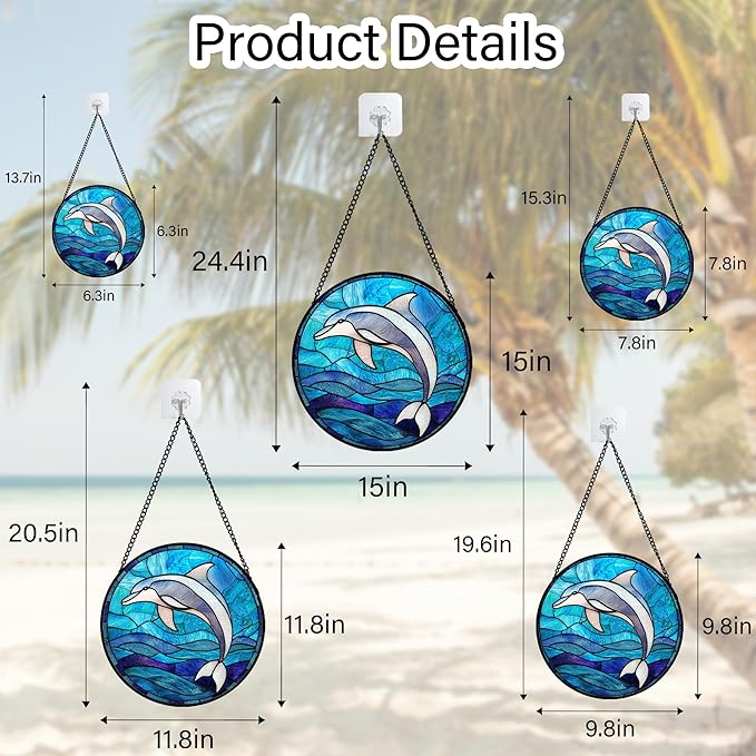 Stained Glass Suncatcher, Blue Ocean Dolphin Sun Catcher Marine Life Stain Glass Indoor Window Hanging Decoration Mother's Day Birthday Gifts for Women Men Mom and Nana 11.8 in
