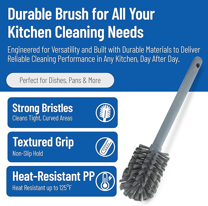 SPARTA Large Water Bottle Brush Ideal for Wide-Mouth Jars, Bottles and Tumblers, Dishwashing Tool with Handle for Home and Commercial Kitchens, Plastic, 12 Inches, Gray
