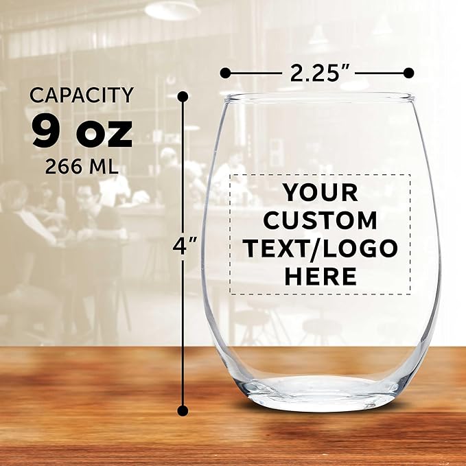 DISCOUNT PROMOS Custom Stemless Wine Glass 9 oz. Set of 10/50/100, Personalized Bulk Pack - Great for Wedding Favors, Bachelorette Party Decorations, Party Favors - Clear