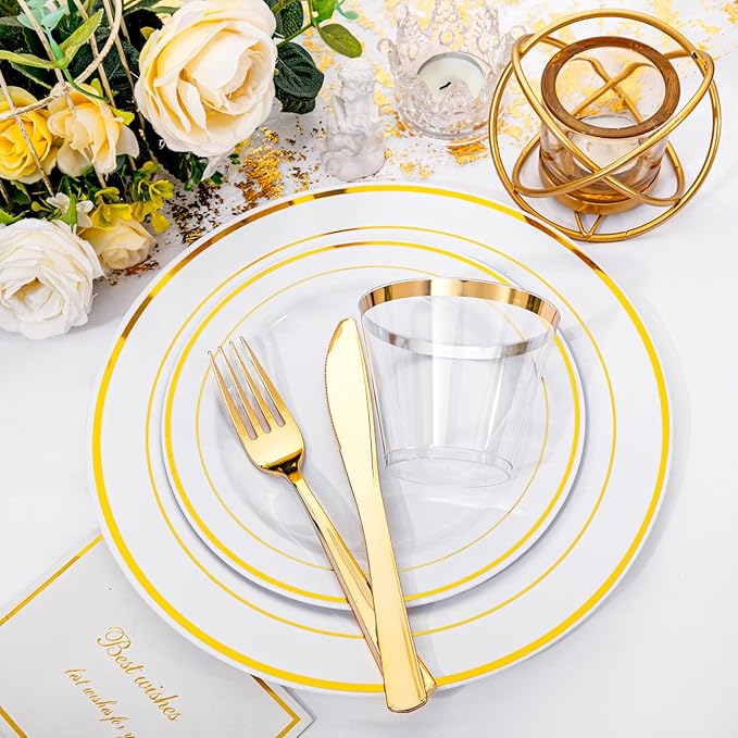 175 Pcs Gold Dinnerware Set, Plastic Plates Disposable for 25 Guests Include:25 Gold Rim Dinner Plates, 25 Dessert Plates, 25 Paper Napkins, 25 Cups, 25 Silverware Set Perfect for Party