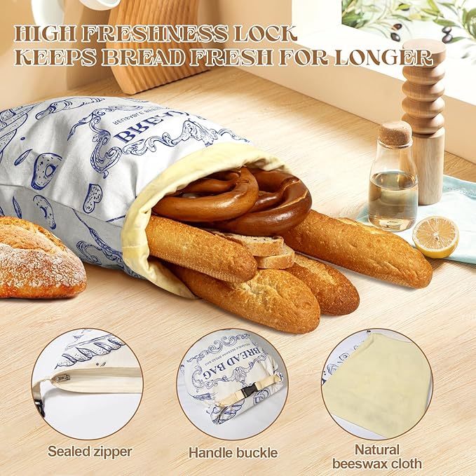 Reusable Beeswax Bread Bags with Zipper - Large Capacity Cotton Storage for Homemade, Sourdough & Fresh Bread | Food-Grade Eco-Friendly Storage Solutions