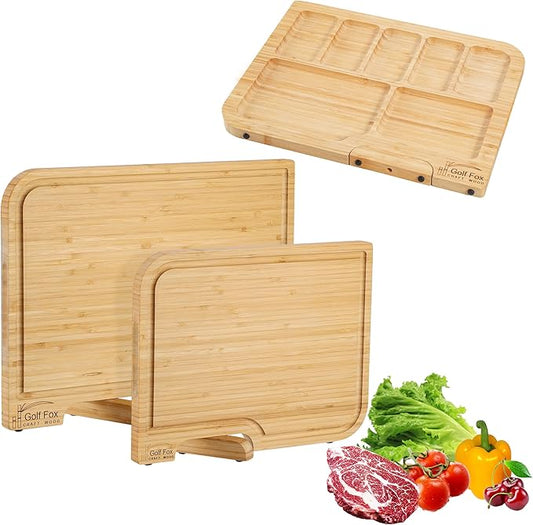 2-PCS Bamboo Cutting Board Set, Wood Cutting Board for Kitchen with Innovative Stand, Juice Groove & Handle, Double Sided for Chopping & Charcuterie Board, Kitchen Gift for Home Cooks, For Meat &Fruit