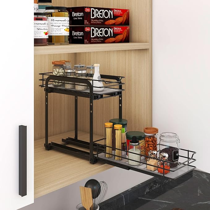 Spice Rack Organizer for Cabinet, 2 Tier Pull Out Spice Organizer for Cabinet Height Adjustable Heavy Duty Metal Basket for Inside Cabinets & Pantry Closet