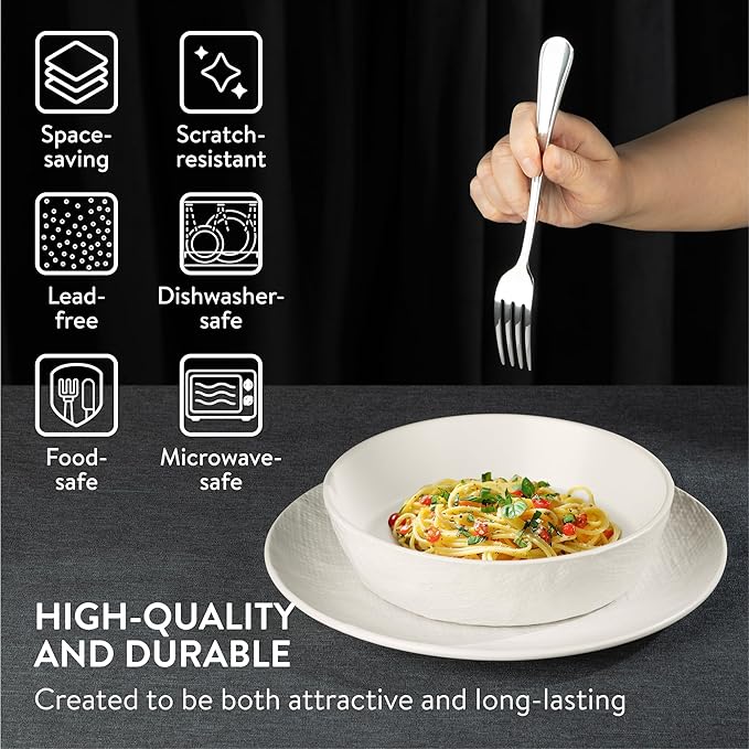 Navaris Linen Artisan Stoneware Dinnerware Set (18 Pieces) - White Dinnerware with Dinner Plates, Side Plates, and Pasta Bowls - Dishwasher and Microwave Safe