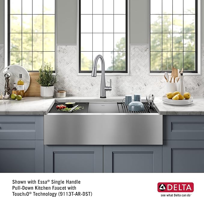 DELTA FAUCET Rivet 36-inch Workstation Farmhouse Apron Front Kitchen Sink Undermount 16 Gauge Stainless Steel Single Bowl with WorkFlow Ledge and Kit of 5 Accessories, 95C9031-36S-SS