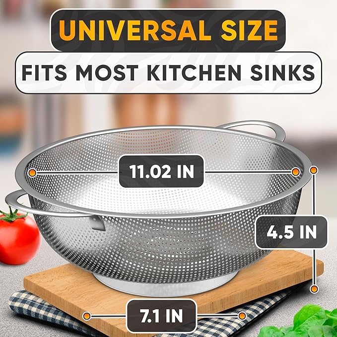 Stainless Steel Colander for Kitchen - 5Qt Rice Strainer With Handles, Perforated Design, Dishwasher Safe, Rust-Resistant - Versatile Stainless Steel Strainer for Grains, Spaghetti, Veggies & Fruits