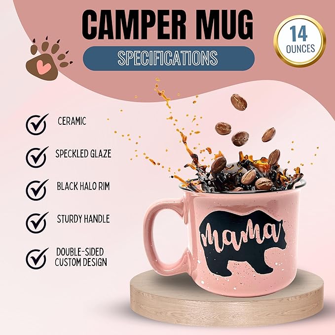 Mama Bear Ceramic Coffee Mug for Mom, Wife, Women – Unique Coral Ceramic Mug – Fun Gifts for Her on Mother’s Day, Birthday, or Christmas – Cute Coffee Cup for Moms, Wives, and Coffee-Loving Women