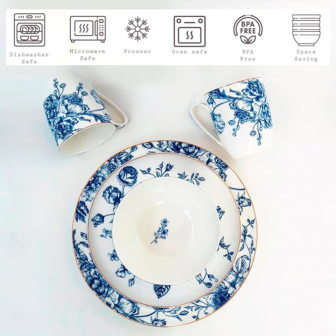 Blue Rose Plates and Bowls Sets Dishes Set for 4, Ceramic Plates and Bowls Set, Service for 4, Bone China Dinnerware Set Salad Dessert Plates, and Cereal Bowls Set, Microwave safe by KOKEN
