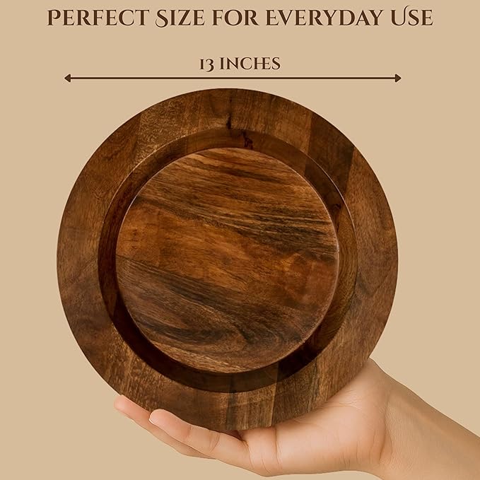 CLEENTABLE Wooden Dinner Plates Set of 2-13" Serving Dinner Plate Chargers for Weddings, Parties, Rustic Table Decor, Indoor Outdoor Dining - Lightweight Round Appetizer Plates (Walnut)