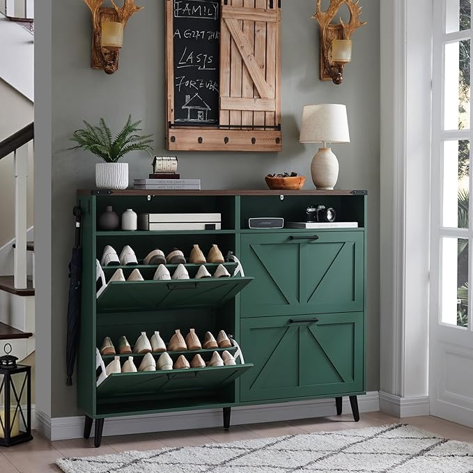 Shoe Storage Cabinet,Farmhouse Shoes Organizer with 4 Flip Drawers & Barn Door Design,Freestanding Hidden Slim Narrow Shoe Rack Cabinet with Open Storage for Entryway, Foyer,Hallway,Green